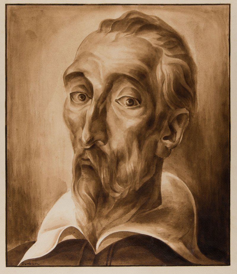 Retrato de Miguel de Cervantes Saavedra, por Martí-Ramón Durbán Bielsa, dibujo. El ingenioso hidalgo Don Quijote de la Mancha (copia manuscrita realizada por iniciativa de Pío Cabañas y continuada por Juan Sedó Peris-Mencheta), 1934-36. Biblioteca Nacional de España. 