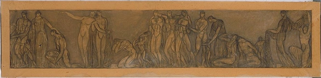 Boceto del friso inferior frontal derecho del proyecto Monumento a Cervantes presentado por Julio Antonio y el arquitecto Antonio Flórez, 1916, dibujo, Museo Nacional Centro de Arte Reina Sofía. 