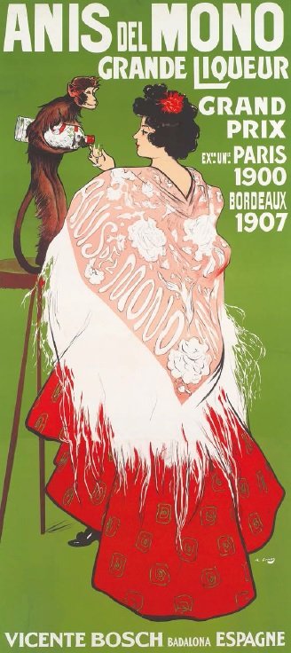 Anis del mono. Liqueur, por Ramon Casas, París, h. 1907, cromolitografía sobre papel, Lit. Robert & Cie, 236,5 x 111 cm, Col. Marc Martí. 