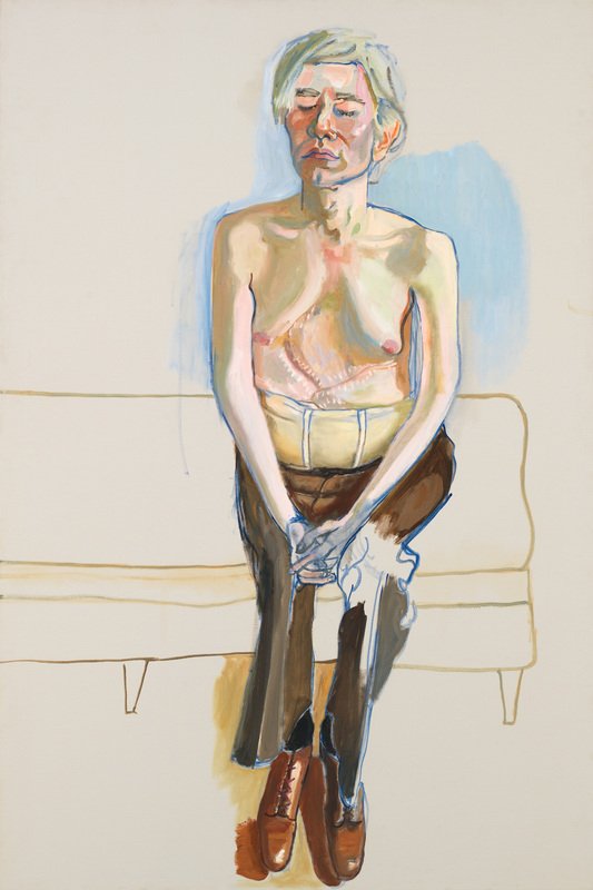 Andy Warhol, por Alice Neel, 1970, óleo y acrílico, 152,4 × 101,6 cm), Nueva York, Whitney Museum of American Art.