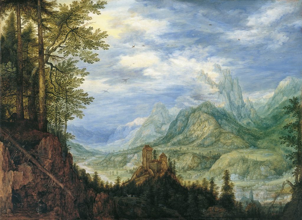 Paisaje montañoso con un castillo, de Roelandt Savery, 1609, óleo sobre tabla, 45,6 x 63 cm, Madrid, Museo Thyssen-Bornemisza.