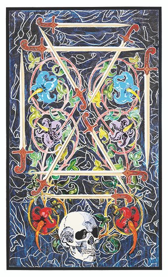 Diez de espadas, por Marina Vargas, 2016, técnica mixta sobre madera, 205 x 122 cm.