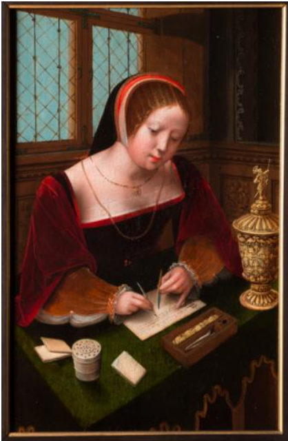 Dama escribiendo, por Maestro de las medias figuras femeninas, principios del siglo XVI, óleo sobre tabla, 38,5 x 25 cm. 