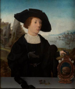 Retrato de un joven tras un parapeto con Vanitas y escena portuaria, atribuido a Jan Mostaert, h. 1520, óleo sobre madera de roble, 29 x 23 cm. 