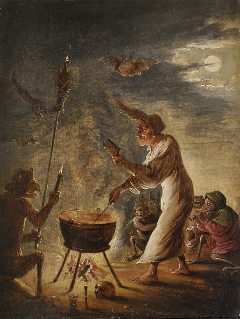 Escena de brujería, de David Teniers, h. 1635, colección particular, Bruselas © Mauro Coen. Arriba, Mujer fiera, de David Rijckaert III, h. 1650, Viena, Kunsthistorisches Museum. Todas las imágenes, en la exposición Las brujas de Brueghel.