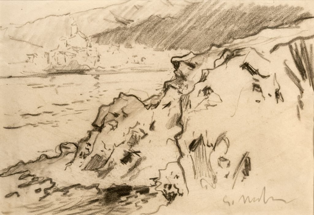 Paisaje de Cadaqués, de Eliseu Meifrén Roig, hacia 1910, carbón sobre papel, 39 x- 50,5 cm.