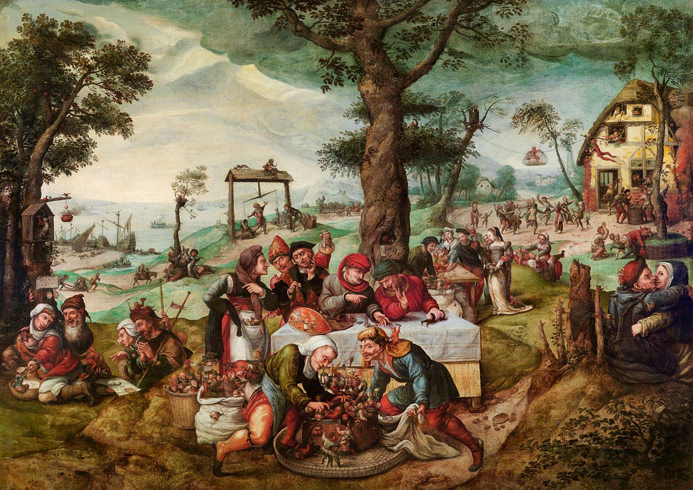 Burla de la locura humana o Comercio tonto, por Frans Verbeeck, h. 1550, óleo sobre lienzo, 135 x 188 cm. 