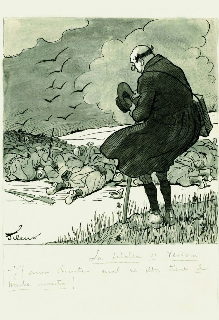 La batalla de Verdún. –¡Y aún discuten cuál de ellos tiene "el hombre muerto"!. El personaje que aparece en esta viñeta es Gedeón, ABC núm. 1061, 27 de marzo de 1916, aguada de tinta, tinta y guache sobre papel, 326 x 225 mm.