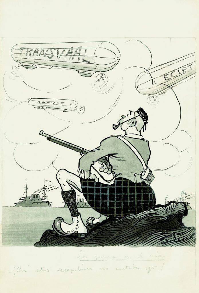 La guerra en el aire. –¡Con estos "zepelines" no contaba yo!, Gedeón núm. 988, ABC núm. 3424, 1 de noviembre de 1914, aguada de tinta, tinta y guache sobre papel, 346 x 238 mm.