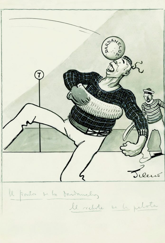 En el frontón de los Dardanelos. El rebote de la pelota, Gedeón núm. 1034, ABC núm. 3744, 19 de septiembre de 1915, aguada de tinta, tinta guache sobre papel, 326 x 225 cm.