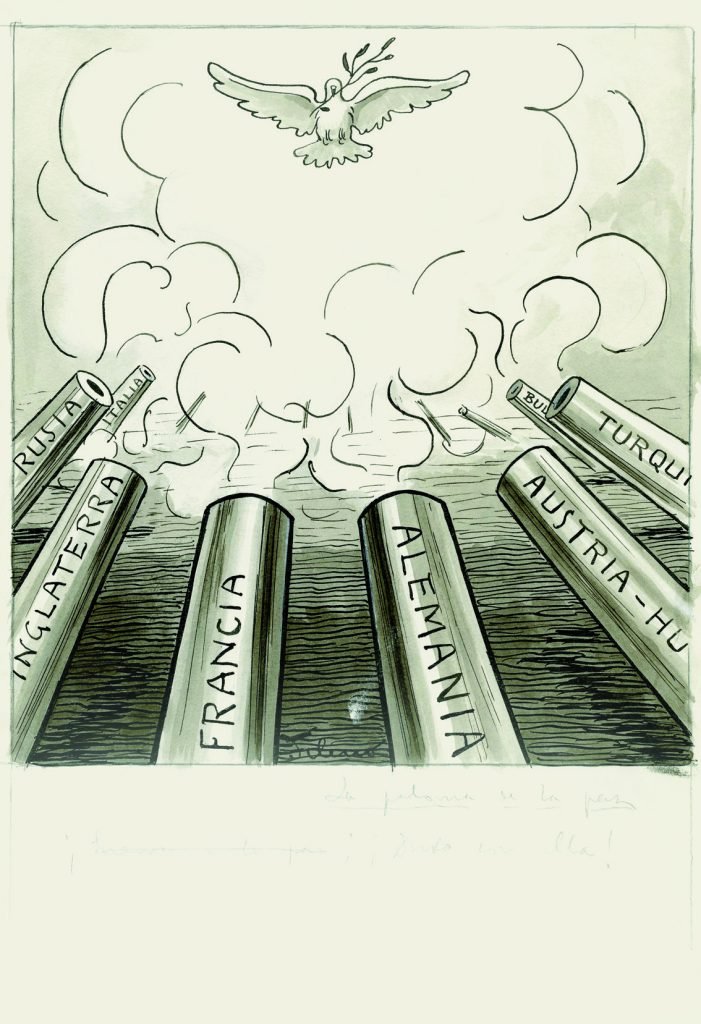 La paloma de la paz. ¡Guerra a la paz! ¡Duro con ella!, aparecida en Gedeón núm. 1041, ABC, núm. 1793, 7 de noviembre de 1915, aguada de tinta, tinta y guache sobre papel, 319 x 222 cm. 
