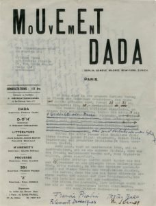 Carta dirigida a Alfred Vagts con la solicitud de Dadaglobe, firmada por Tristan Tzara, Francis Picabia, Georges Ribemont-Dessaignes y Walter Serner. 1920. Escrita a máquina, 27 x 21 cm, Archivo Lafuente.