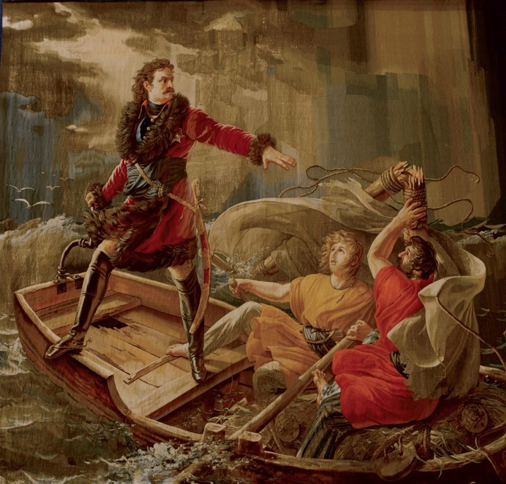 Pedro I durante la tempestad sobre el lago Ladoga, 1814-18, tapiz de la Manufactura Real Gobelíns.