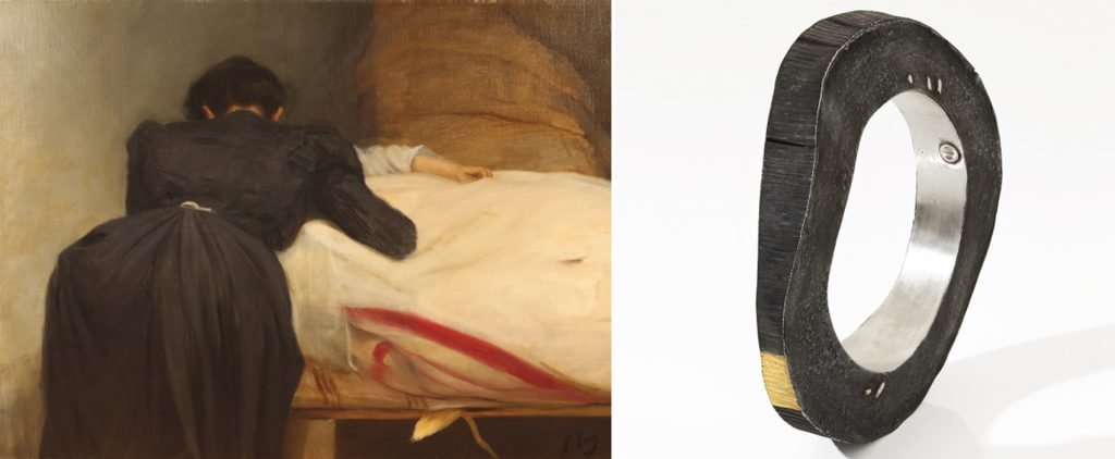 El beso de buenas noches de Ramon Casas, junto al brazalete Dance in black, de Gigi Mariani, plata forjada a mano, oro 18kt, nielo y patina,