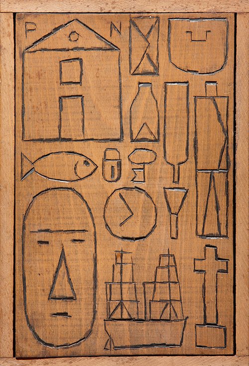Constructivo, por Joaquín Torres-García, madera incisa, 1930, en la Galería Guillermo de Osma.
