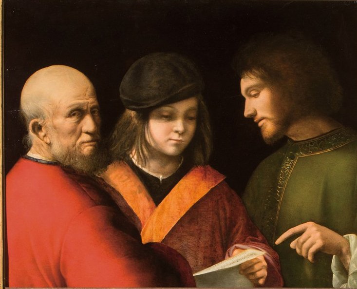 Las etapas de la vida o Lección de Canto, de Giorgione, 1500-1501, óleo sobre tabla, Florencia, Galería de los Uffizi, Galería Palatina y Apartamentos Reales. Arriba, detalle del mecanismo de un reloj de bolsillo.