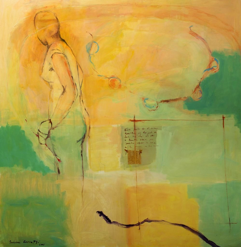 La memoria es teatro del espíritu (II), 2001, acrílico y collage sobre tela, 150 150 cm. Arriba, L'Atlas de Kublai Khan (díptico), 2016, acrílico y collage sobre tela, 162 x 260 cm.