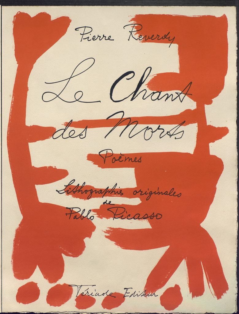 Le chant des morts, por Pablo Picasso, página 5, enero de 1946-marzo de 1948, aguafuerte en rojo y litografías en rojo y negro sobre planchas de zinc, 403 x 252 mm. Todas las imágenes, cortesía de Museo Casa Natal de Málaga. Arriba, Cubierta de Le chant des morts.