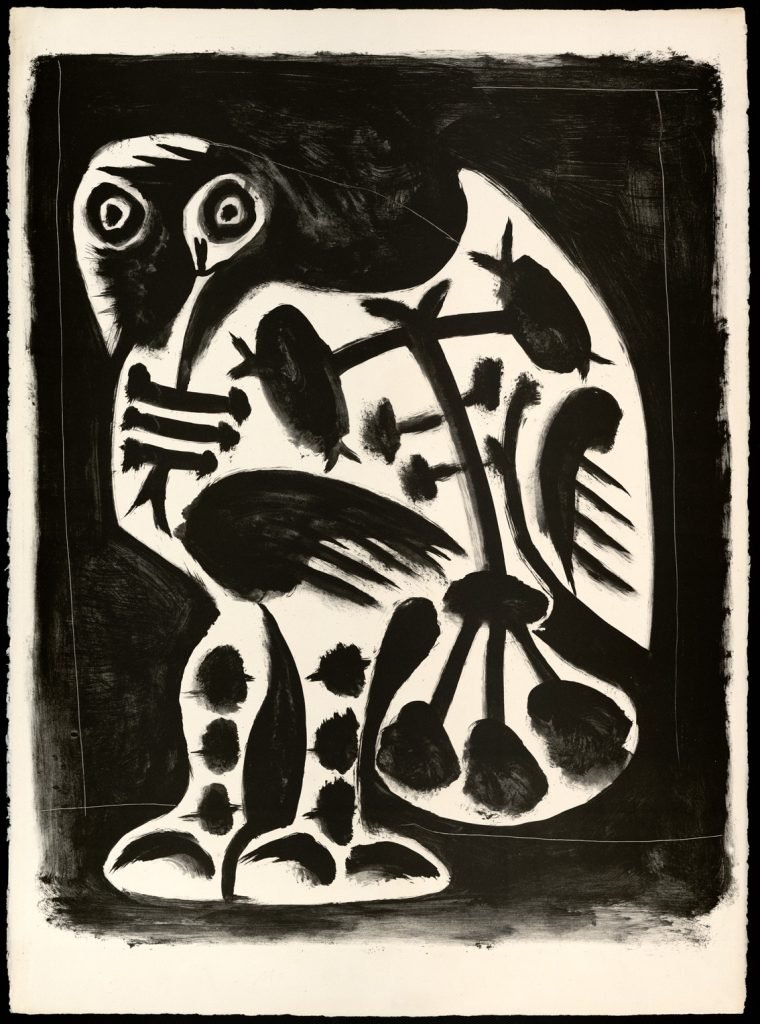 El gran búho, Vallauris, 10 de marzo de 1948, aguada y raspador sobre zinc, papel vitela Arches con filigrana, 76,3 x 56,4 cm.