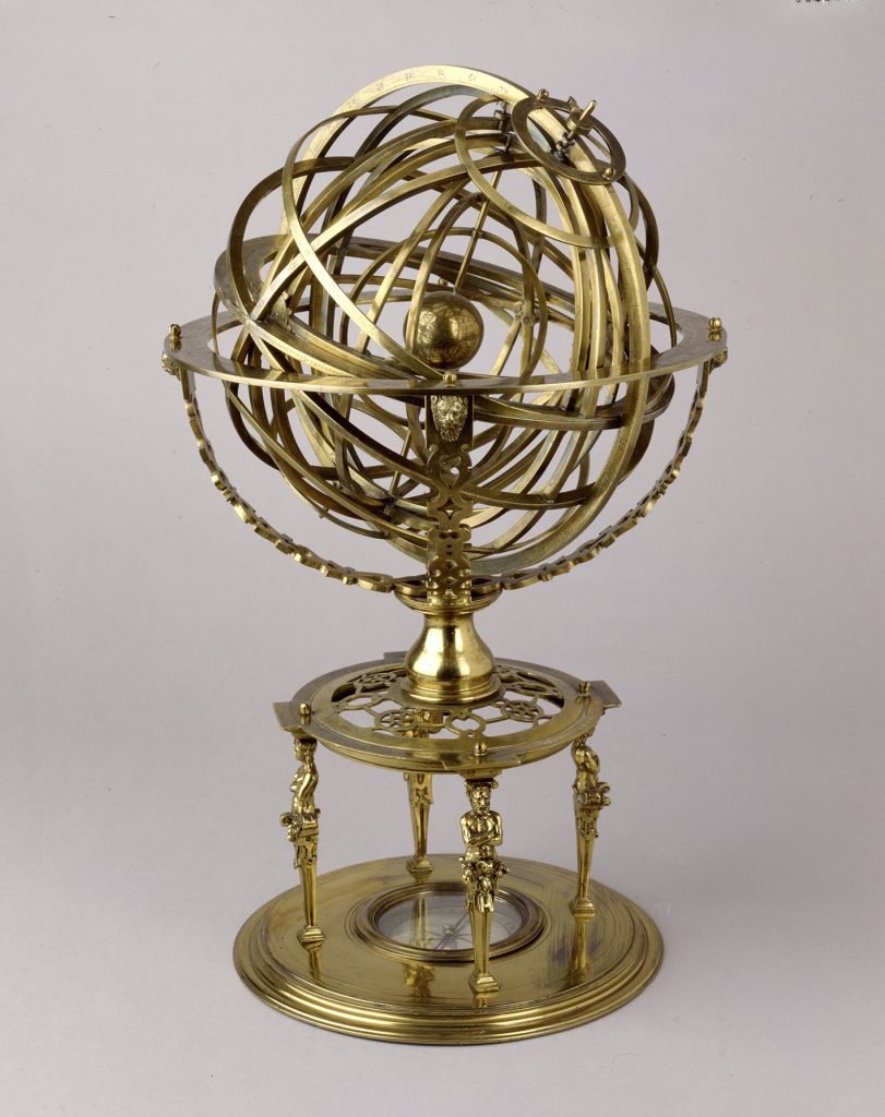 Internal ecliptic axis. Similar to another armillary sphere dated 1575 in the Musée de Cinquantenaire, Brussels.