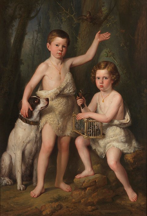 Raimundo Roberto y Fernando José, hijos de S.A.R. la infanta Josefa Fernanda de Borbón, por Antonio María Esquivel y Suárez de Urbina, 1855, óleo sobre lienzo, 145 x 103 cm, Madrid, Museo Nacional del Prado. 