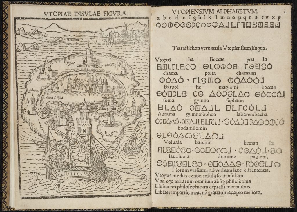 Un ejemplar del libro Del estado ideal de una república en la nueva isla de Utopía, de Tomás Moro, 1518.
