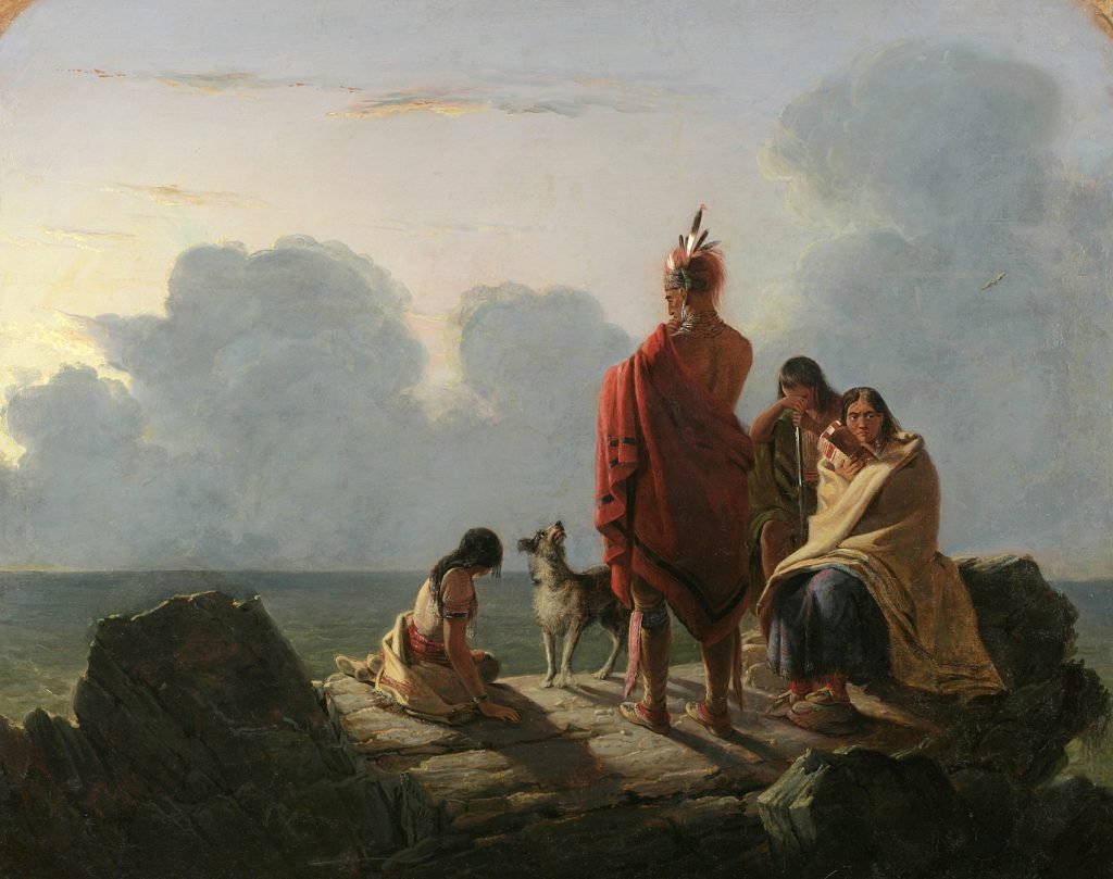 Sobre estas líneas, El último de la raza, de Tompkins Harrison, Matteson, 1847, óleo sobre lienzo, 101 x 127 cm, New-York Historial Society. Arriba, Sobre estas líneas, El rastro perdido, de Charles Wimar, h. 1856, óleo sobre lienzo, 49,5 x 77,5 cm, Madrid, Museo Thyssen Bornemisza. 