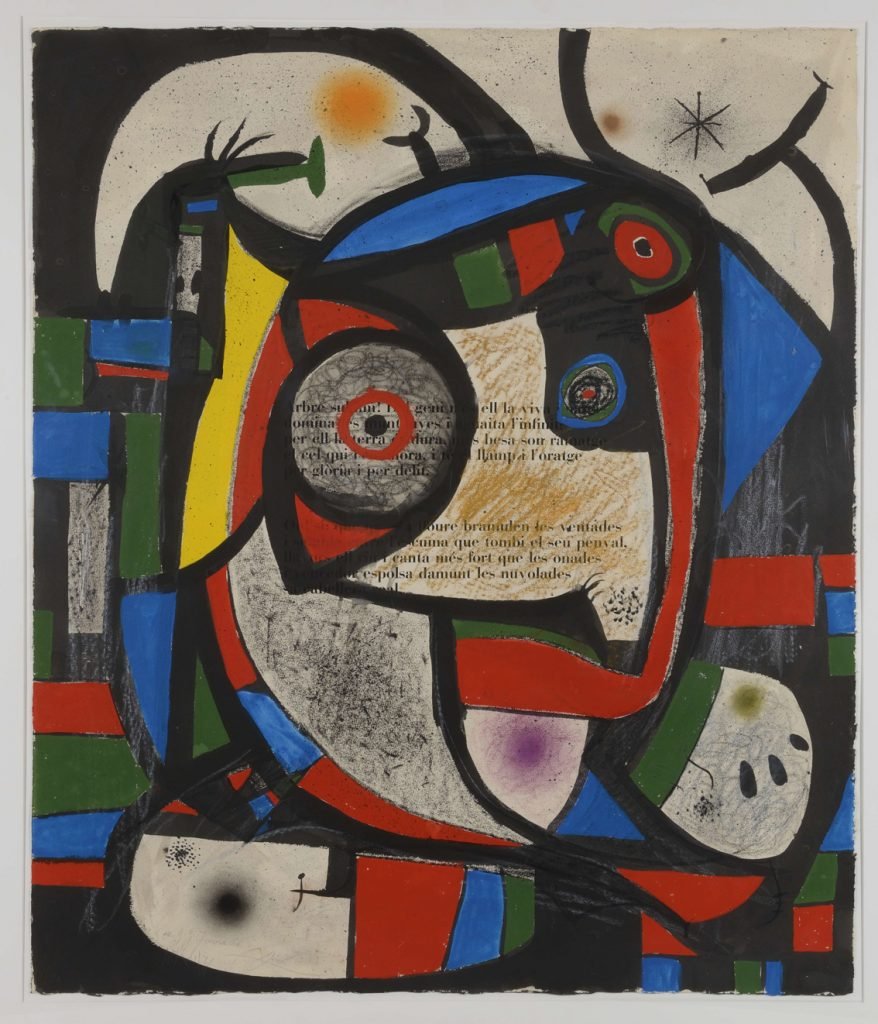 Sobre estas líneas, Composition, 10 de noviembre de 1976, tinta, guache, pastel, carbón y crayón de cera sobre aguatinta sobre papel, 105,1 x 89,5 cm. Esta obra es un homenaje que Miró hizo a su grabador Juan José Torralba, con quien el artista trabajó muchos años. Arriba, Le chanteur d'opera, 1977, bronce, 55 x 70 x 13 cm, edición 2/6. Todas las imágenes, © Cuauhtli por cortesía de la galería Elvira González.