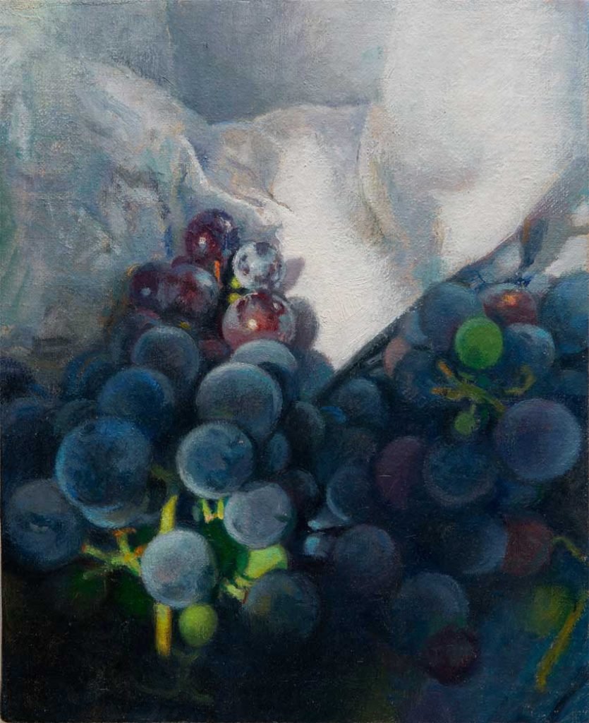 Sobre estas líneas Uvas, 2015, óleo sobre lienzo y tabla, 27 x 22 cm. Arriba, El bañista, 2016, óleo sobre lienzo, 89 x 116 cm.