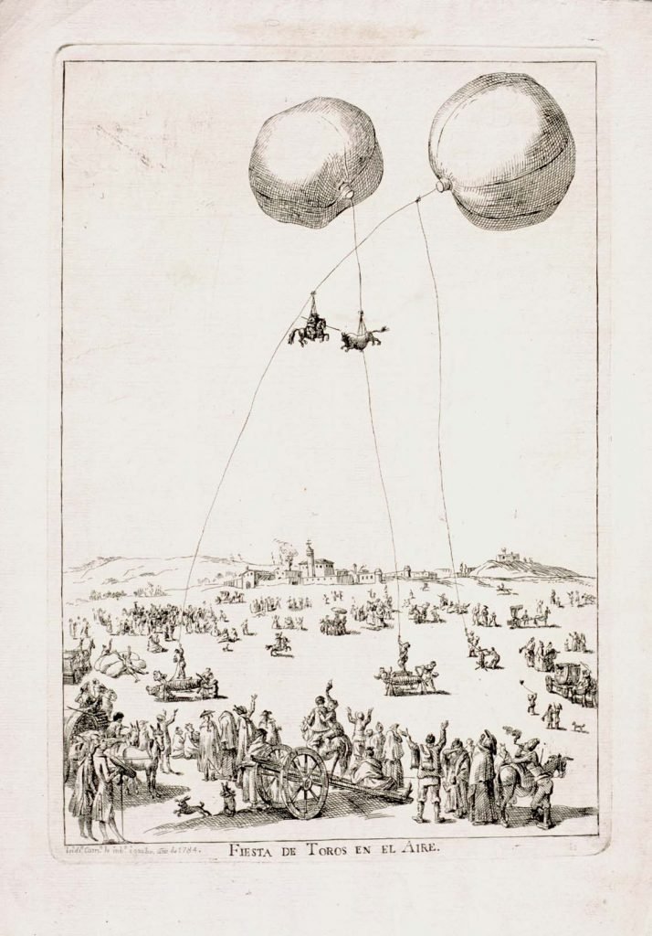 Fiesta de toros en el aire, de Isidro Carnicero, 1784, estampa en papel, 35,8 x 25,2 cm, Madrid, Museo Lázaro Galdiano.