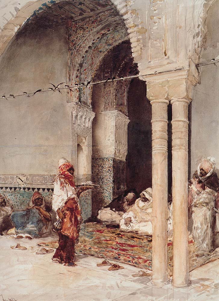 Sobre estas líneas, "El café de las golondrinas", 1868, acuarela sobre papel, 49,4 x 39,5 cm, colección particular. Arriba, "La matanza de los Abencerrajes”, h. 1870, óleo sobre lienzo © Museu Nacional d’Art de Catalunya, Barcelona (2016) Foto: Jordi Calveras.